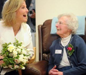 HRH The Countess of Wessex with Phyllis Lewis aged 102  (patient at Pine Lodge Daycare Centre)